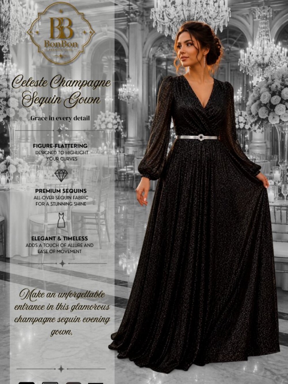 Luxury Black Glitter Evening Dress | Long Sleeve Formal Gown Elegant Maxi Dress
